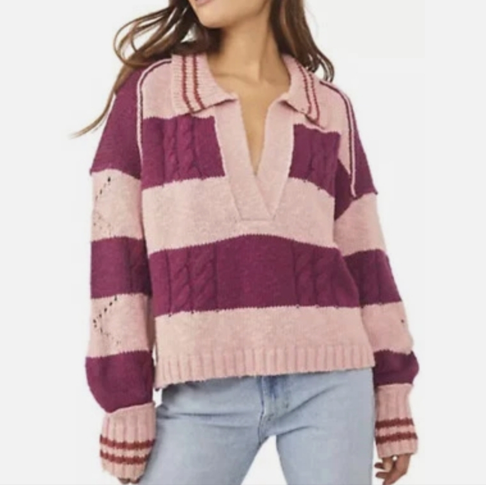 Free People Pembroke Oversized Slouchy Knit Polo Striped Sweater Small NWT